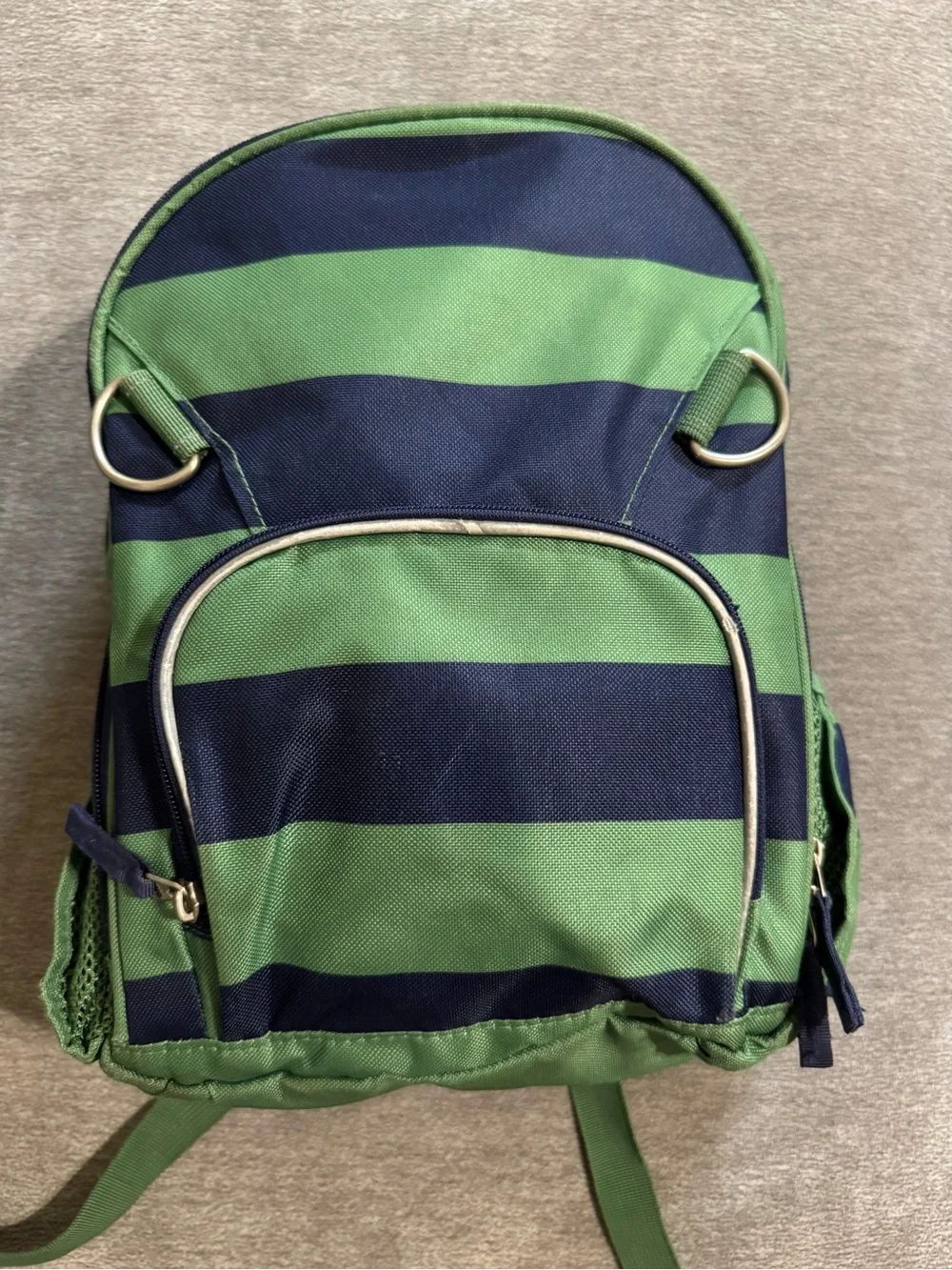 Pottery Barn Kids Green and Navy Striped Backpack with matching lunch box.